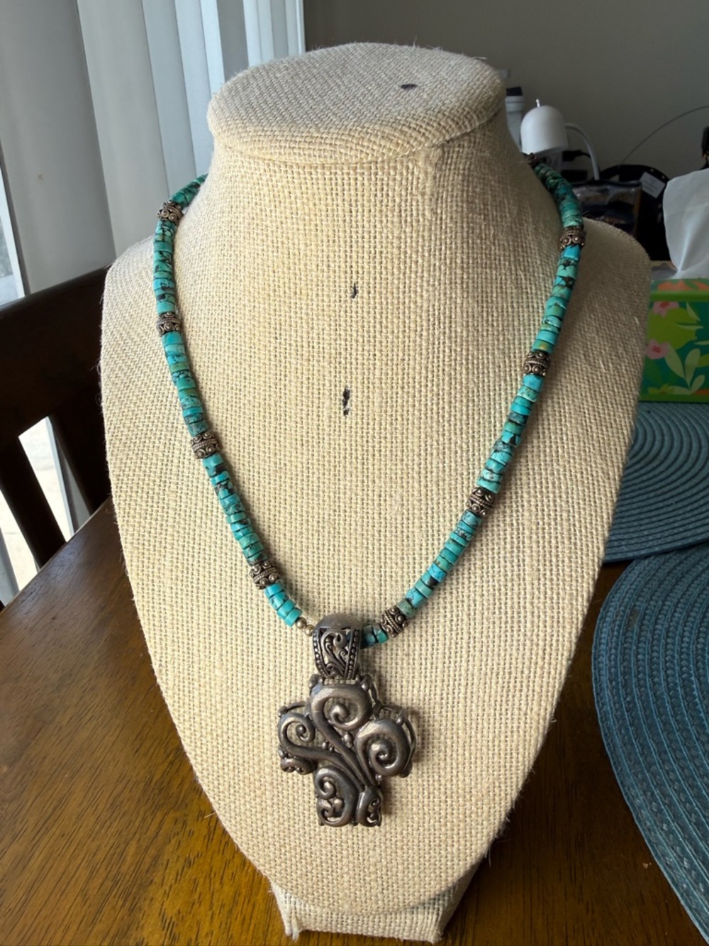 Turquoise Bead Necklace with Silver Cross Pendant - Women Jewelry